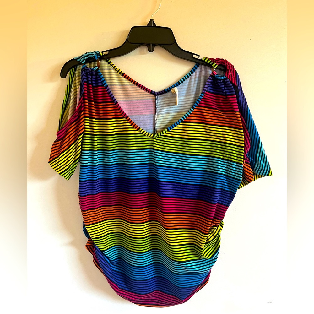 NYC Open Shoulder Summer Top, Ruching On Both Sides, Color: Multi, Size 1X